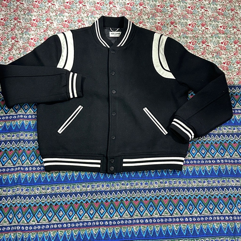 Saint Laurent Black and White Varsity Bomber Jacket